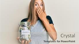  Presentation with charity - Colorful presentation theme enhanced with young-blonde-woman-holding-charity backdrop and a soft green colored foreground
