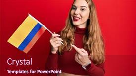  Presentation with colombia - Cool new slide deck with young-blonde-woman-holding-colombia backdrop and a wine colored foreground
