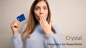  Presentation with payment - Theme having young-blonde-woman-holding-credit background and a soft green colored foreground