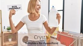  Presentation with laundry detergent - Presentation design featuring young-blonde-woman-holding-detergent background and a coral colored foreground
