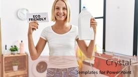  Presentation with laundry detergent - PPT theme consisting of young-blonde-woman-holding-detergent background and a coral colored foreground
