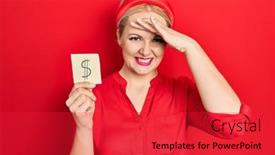  Presentation with dollar - PPT theme having young-blonde-woman-holding-dollar background and a  colored foreground