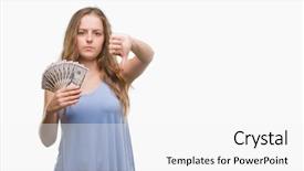 Presentation with blonde holding magnifying glass - Cool new PPT theme with young blonde woman holding dollars backdrop and a  colored foreground