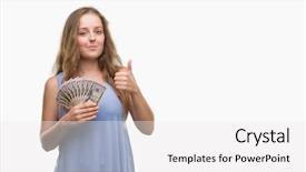  Presentation with fingers - Audience pleasing slides consisting of young blonde woman holding dollars backdrop and a white colored foreground