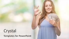  Presentation with blonde holding magnifying glass - Cool new presentation with young blonde woman holding dollars backdrop and a  colored foreground