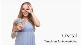  Presentation with blonde holding magnifying glass - Audience pleasing PPT layouts consisting of young blonde woman holding dollars backdrop and a  colored foreground