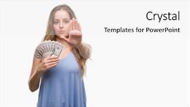  Presentation with blonde holds a magnifying glass - PPT layouts featuring young blonde woman holding dollars background and a  colored foreground