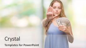  Presentation with defense - PPT theme with young blonde woman holding dollars background and a  colored foreground