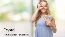  Presentation with eye - PPT theme having young blonde woman holding dollars background and a sky blue colored foreground