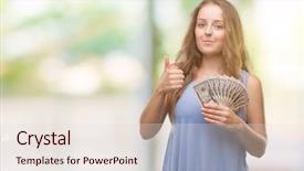  Presentation with blonde holds a magnifying glass - Audience pleasing slides consisting of young blonde woman holding dollars backdrop and a lemonade colored foreground