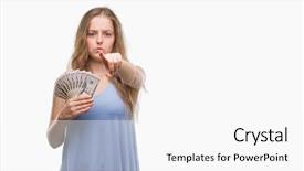  Presentation with finger - Audience pleasing slide deck consisting of young blonde woman holding dollars backdrop and a  colored foreground