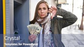  Presentation with atm machine - Presentation theme with young-blonde-woman-holding-dollars background and a ocean colored foreground