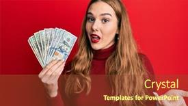  Presentation with achievement - Presentation theme consisting of young-blonde-woman-holding-dollars background and a tawny brown colored foreground