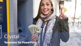  Presentation with atm machine - Presentation enhanced with young-blonde-woman-holding-dollars background and a ocean colored foreground