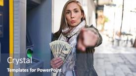  Presentation with atm machine - PPT layouts consisting of young-blonde-woman-holding-dollars background and a ocean colored foreground