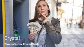  Presentation with atm machine - Presentation theme enhanced with young-blonde-woman-holding-dollars background and a ocean colored foreground