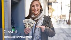  Presentation with atm machine - PPT theme consisting of young-blonde-woman-holding-dollars background and a ocean colored foreground