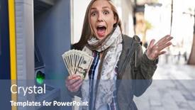  Presentation with atm machine - Slide deck having young-blonde-woman-holding-dollars background and a ocean colored foreground