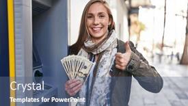  Presentation with atm - Slide set with young-blonde-woman-holding-dollars background and a ocean colored foreground