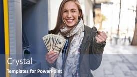  Presentation with atm - Theme featuring young-blonde-woman-holding-dollars background and a ocean colored foreground