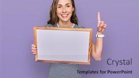  Presentation with empty - Cool new PPT theme with young-blonde-woman-holding-empty backdrop and a light blue colored foreground