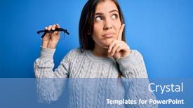  Presentation with optical - Presentation having young-blonde-woman-holding-eyewear background and a teal colored foreground