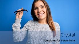  Presentation with optical - Presentation design enhanced with young-blonde-woman-holding-eyewear background and a teal colored foreground