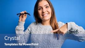  Presentation with optical - Colorful slides enhanced with young-blonde-woman-holding-eyewear backdrop and a ocean colored foreground