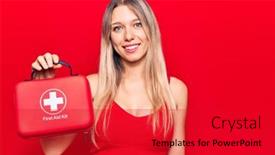  Presentation with first aid kit - PPT theme enhanced with young-blonde-woman-holding-first background and a red colored foreground