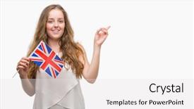  Presentation with blonde holding magnifying glass - PPT theme having young blonde woman holding flag background and a white colored foreground