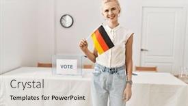  Presentation with college - Presentation theme featuring young-blonde-woman-holding-germany and a light gray colored foreground