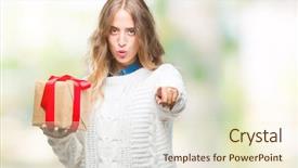  Presentation with blonde holding magnifying glass - Theme consisting of young blonde woman holding gift background and a cream colored foreground