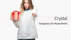  Presentation with blonde holding magnifying glass - Theme with young blonde woman holding gift background and a white colored foreground