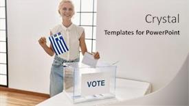  Presentation with greek - Slide deck having young-blonde-woman-holding-greek background and a  colored foreground