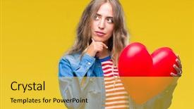  Presentation with valentine - Audience pleasing presentation consisting of young blonde woman holding heart backdrop and a yellow colored foreground