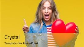  Presentation with blonde holding magnifying glass - Slide deck having young blonde woman holding heart background and a  colored foreground