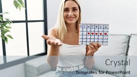  Presentation with hand palm - PPT theme consisting of young-blonde-woman-holding-heart background and a light blue colored foreground