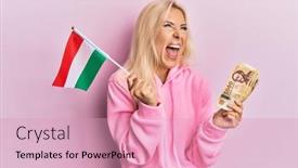  Presentation with hungary - Colorful PPT theme enhanced with young-blonde-woman-holding-hungary backdrop and a coral colored foreground