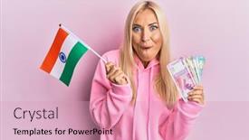  Presentation with india flag - PPT theme enhanced with young-blonde-woman-holding-india background and a coral colored foreground