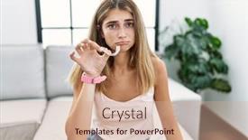  Presentation with sad woman - PPT layouts with young-blonde-woman-holding-invisible background and a coral colored foreground