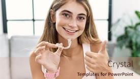  Presentation with orthodontic - Slide deck featuring young-blonde-woman-holding-invisible background and a coral colored foreground