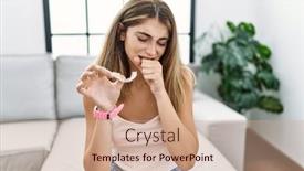  Presentation with health care - PPT theme with young-blonde-woman-holding-invisible background and a coral colored foreground