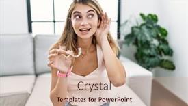  Presentation with listening woman - Theme with young-blonde-woman-holding-invisible background and a soft green colored foreground