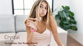  Presentation with orthodontic - Presentation design featuring young-blonde-woman-holding-invisible background and a coral colored foreground