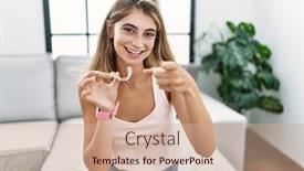  Presentation with orthodontic - PPT theme consisting of young-blonde-woman-holding-invisible background and a coral colored foreground