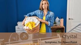  Presentation with woman crying - Slide deck having young-blonde-woman-holding-laundry background and a  colored foreground