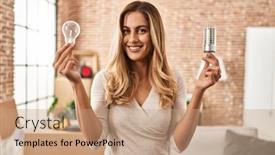  Presentation with bulb - Presentation theme consisting of young-blonde-woman-holding-led background and a coral colored foreground