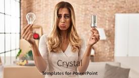  Presentation with woman sad - PPT theme having young-blonde-woman-holding-led background and a coral colored foreground