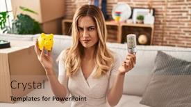  Presentation with piggy bank - Presentation theme featuring young-blonde-woman-holding-led background and a  colored foreground