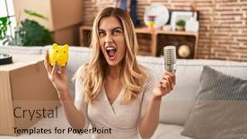  Presentation with piggy bank - Presentation design consisting of young-blonde-woman-holding-led background and a coral colored foreground